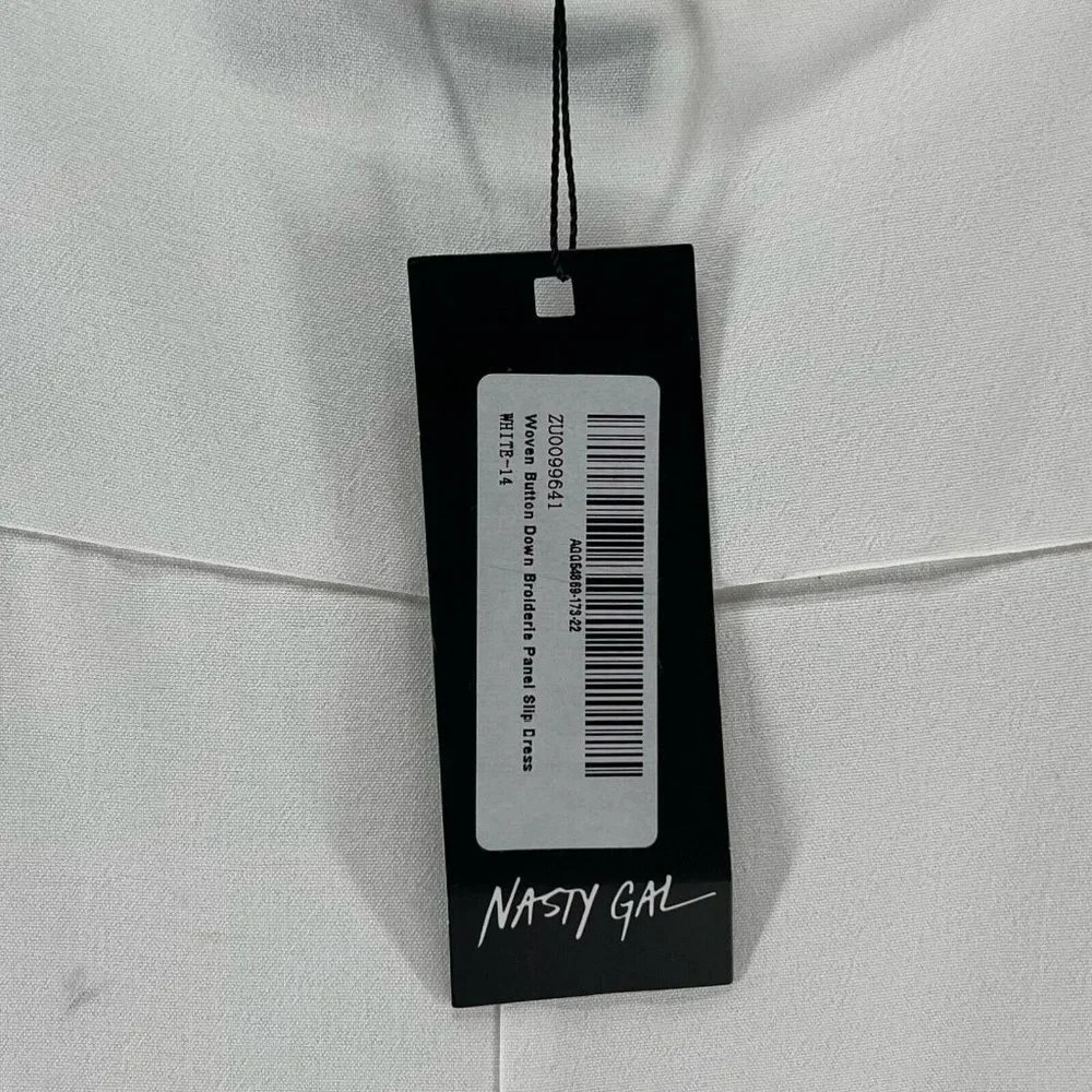 Nasty Gal Slip Dress Size 10 Woven Button Down Broiderie Panel Side Slit White - Picture 11 of 15